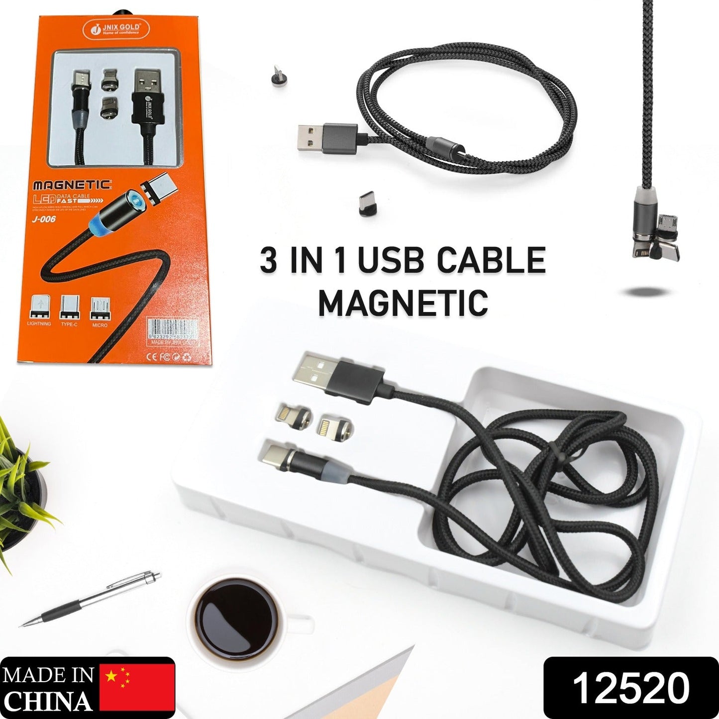 Magnetic Charging Cable 3 in 1 Metal Magnetic Micro USB Type C Lighting Cable with LED, Multiple Charging Adapters for All Android and all Smartphones (Compatible with All Android and iPhone Smartphones, Tablet, PC, Mobile