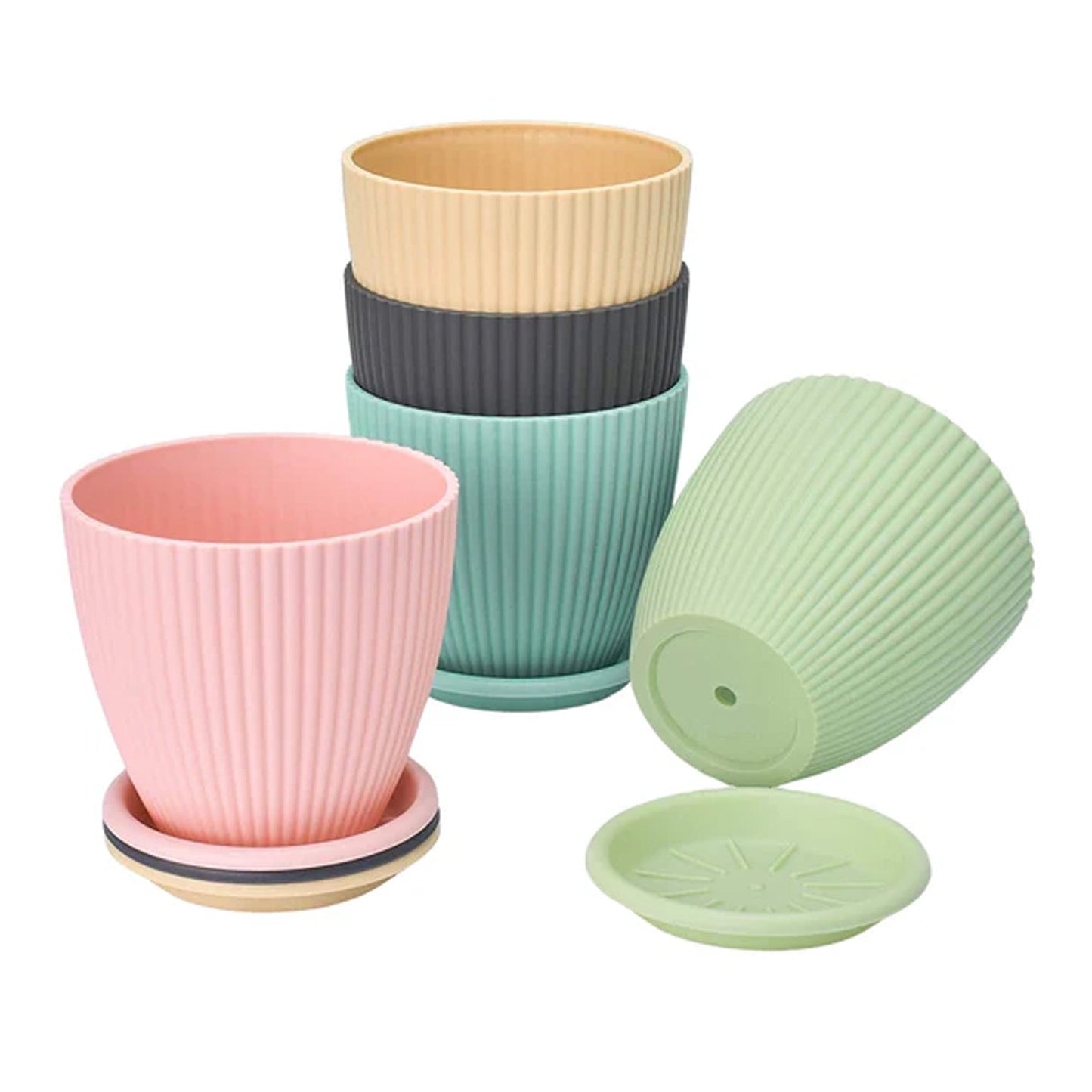 Round Plastic Flower Pot with Bottom Tray (5 Pcs Set / With Color Box)