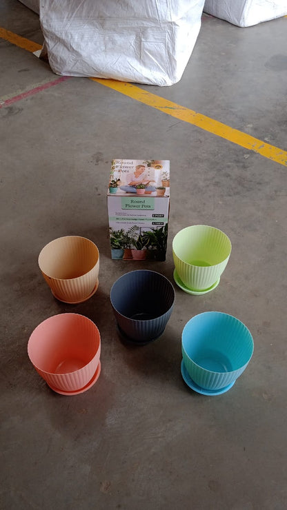 Round Plastic Flower Pot with Bottom Tray (5 Pcs Set / With Color Box)